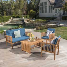 Outdoor Acacia Wood Sofa Set with Water Resistant Cushions, 4-Pcs Set, Brown Patina / Teal Blue