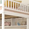 Full Size Loft Bed with Built-in Desk, Bookshelves and Storage Staircase,White