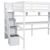 Full Size Loft Bed with Built-in Desk, Bookshelves and Storage Staircase,White