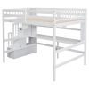 Full Size Loft Bed with Built-in Desk, Bookshelves and Storage Staircase,White