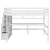 Full Size Loft Bed with Built-in Desk, Bookshelves and Storage Staircase,White