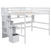 Full Size Loft Bed with Built-in Desk, Bookshelves and Storage Staircase,White